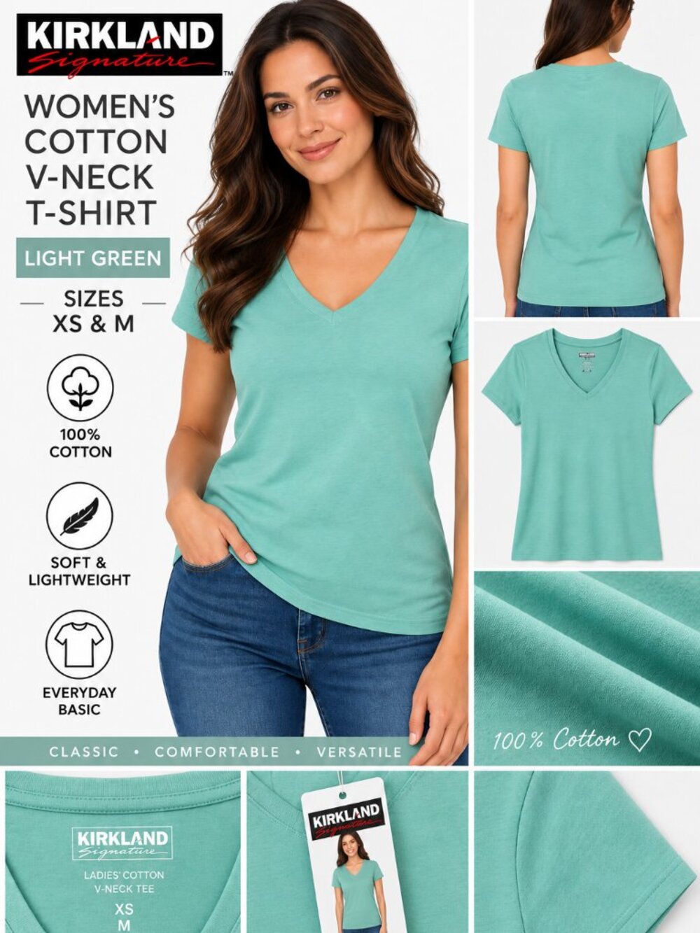 Kirkland Signature Women’s Light Green Cotton V-Neck T-Shirt XS , Medium NWT